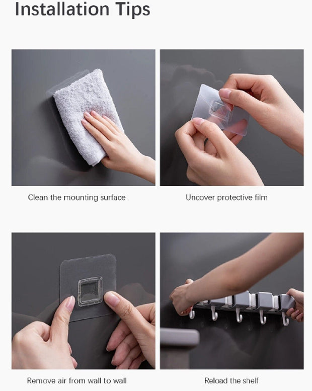 Wall-Mounted Broom Mop Holder – Storage Organizer Rack with 4 Slots & 5 Hooks