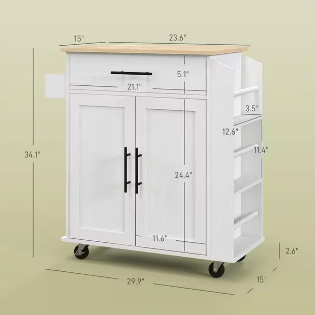 White Wood 30 In. W Kitchen Island Microwave Stand with AC Outlets, USB Ports, Towel Rack and 3-Tier Spice Rack