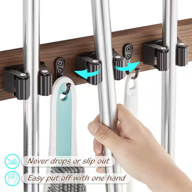 4 Slots and 4 Hooks Mop Broom Holder Wall Mount for Closet Garage Laundry Room, Brown (2-Pack)