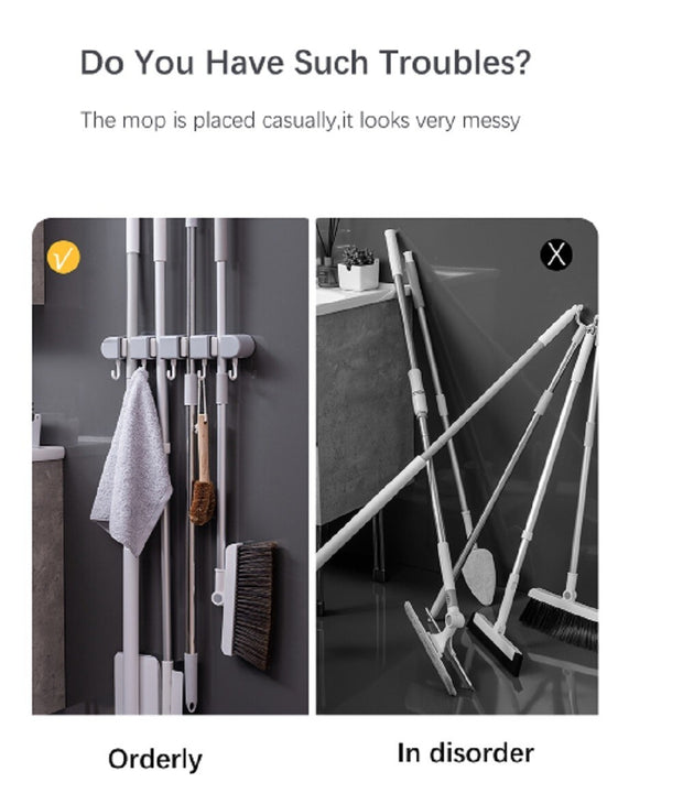 Wall-Mounted Broom Mop Holder – Storage Organizer Rack with 4 Slots & 5 Hooks