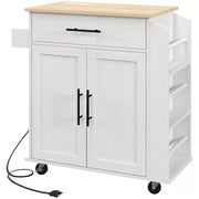 White Wood 30 In. W Kitchen Island Microwave Stand with AC Outlets, USB Ports, Towel Rack and 3-Tier Spice Rack