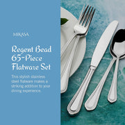 Regent Bead 65-Piece Flatware Set for 12, 18/10 Stainless Steel Silverware with Full Service and Serving Utensils, Classic Beaded Edge Design