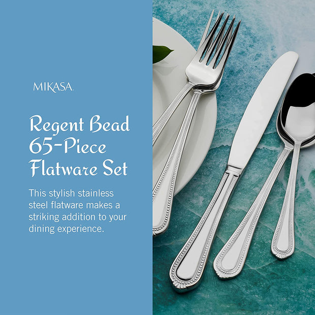 Regent Bead 65-Piece Flatware Set for 12, 18/10 Stainless Steel Silverware with Full Service and Serving Utensils, Classic Beaded Edge Design
