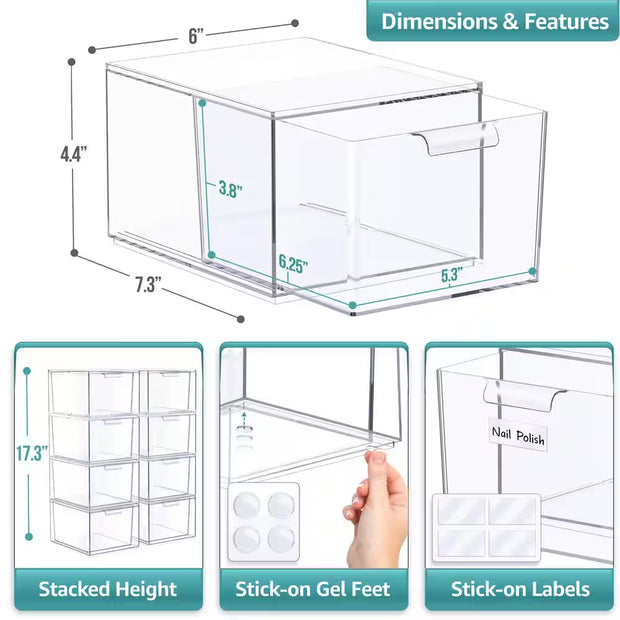 Stackable Acrylic Drawers - Clear Make up Organizers for Vanity