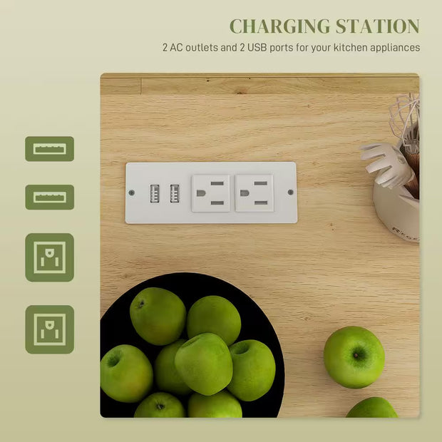 White Wood 30 In. W Kitchen Island Microwave Stand with AC Outlets, USB Ports, Towel Rack and 3-Tier Spice Rack