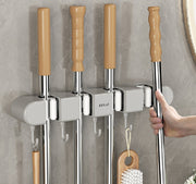 Wall-Mounted Broom Mop Holder – Storage Organizer Rack with 4 Slots & 5 Hooks