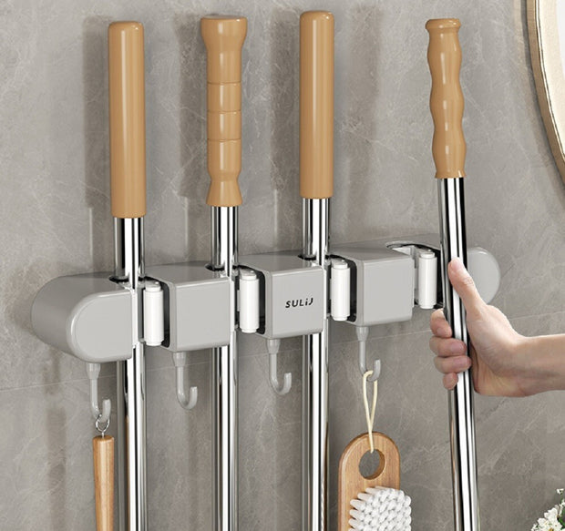 Wall-Mounted Broom Mop Holder – Storage Organizer Rack with 4 Slots & 5 Hooks