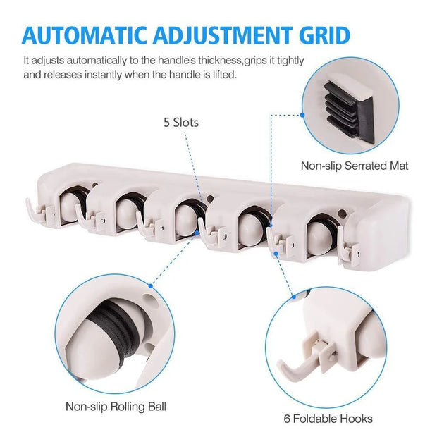 Mop Holder Hanger 5 Position Home Kitchen Storage Broom Organizer Wall Mounted