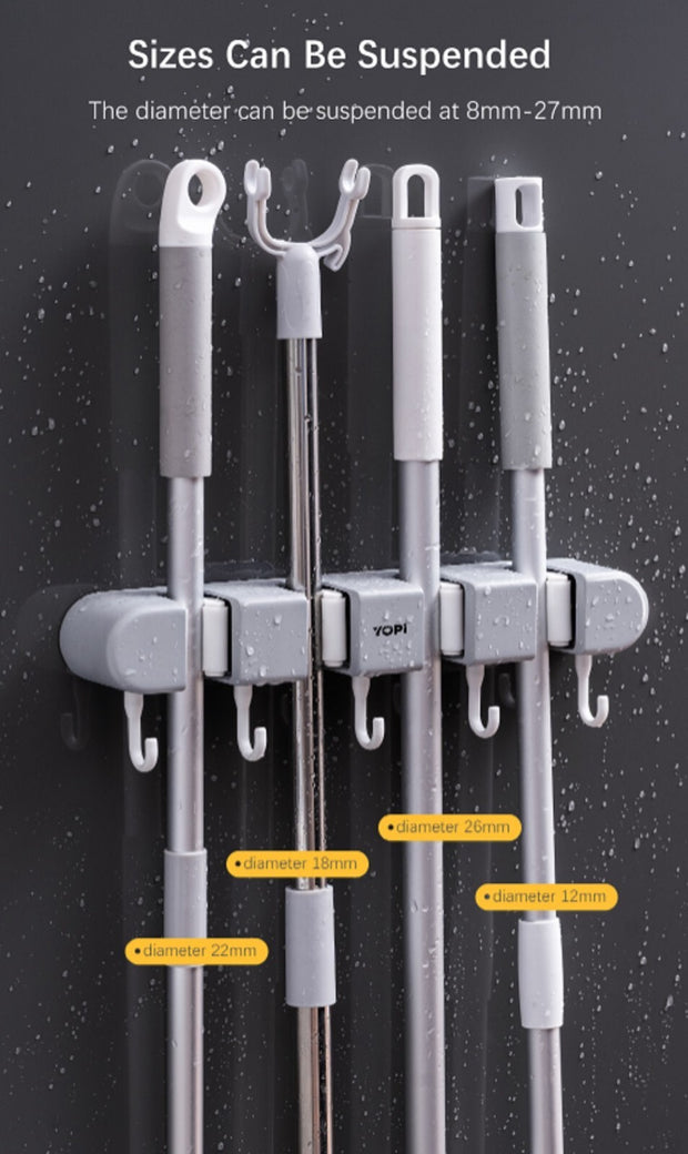 Wall-Mounted Broom Mop Holder – Storage Organizer Rack with 4 Slots & 5 Hooks