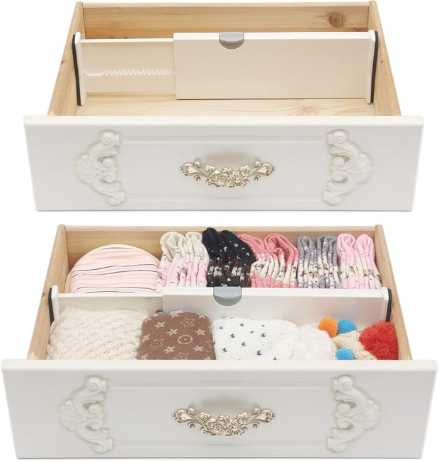 4 Pack Adjustable Dresser Drawer Dividers Organizers, Plastic Expandable Drawer Organization Separators for Kitchen, Bedroom, Closet, Bathroom and Office Drawers