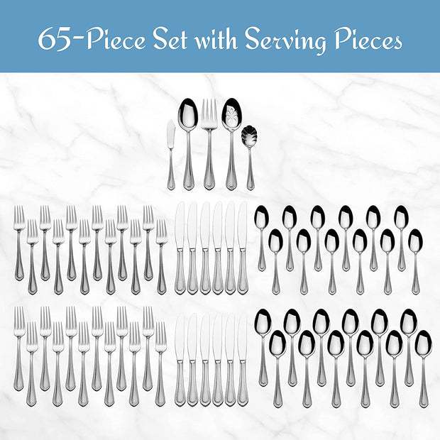 Regent Bead 65-Piece Flatware Set for 12, 18/10 Stainless Steel Silverware with Full Service and Serving Utensils, Classic Beaded Edge Design
