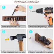 4 Slots and 4 Hooks Mop Broom Holder Wall Mount for Closet Garage Laundry Room, Brown (2-Pack)