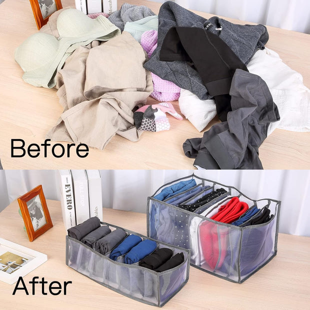 Nylon Clothe Organizers Set-Jeans Compartment Storage-Mesh Clothes Organizer Washable Folding Drawer Organizers(Gray, Medium+Large)