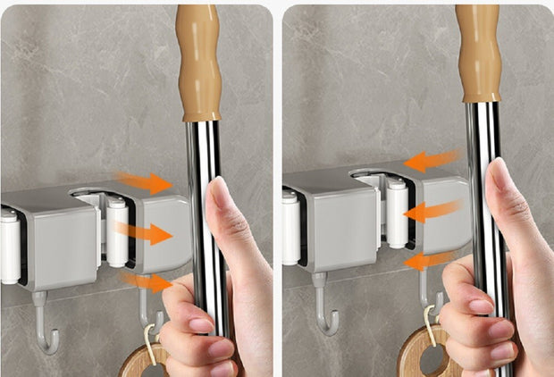 Wall-Mounted Broom Mop Holder – Storage Organizer Rack with 4 Slots & 5 Hooks