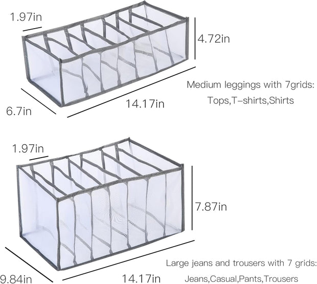 Nylon Clothe Organizers Set-Jeans Compartment Storage-Mesh Clothes Organizer Washable Folding Drawer Organizers(Gray, Medium+Large)