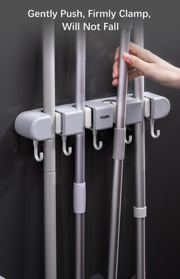 Wall-Mounted Broom Mop Holder – Storage Organizer Rack with 4 Slots & 5 Hooks