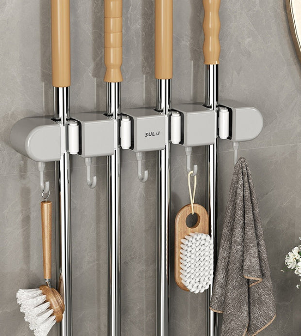 Wall-Mounted Broom Mop Holder – Storage Organizer Rack with 4 Slots & 5 Hooks