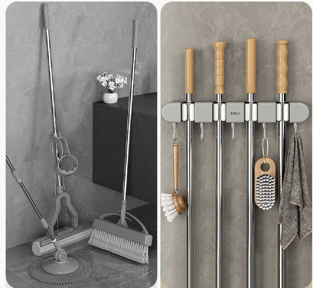 Wall-Mounted Broom Mop Holder – Storage Organizer Rack with 4 Slots & 5 Hooks