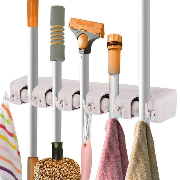 Mop Holder Hanger 5 Position Home Kitchen Storage Broom Organizer Wall Mounted