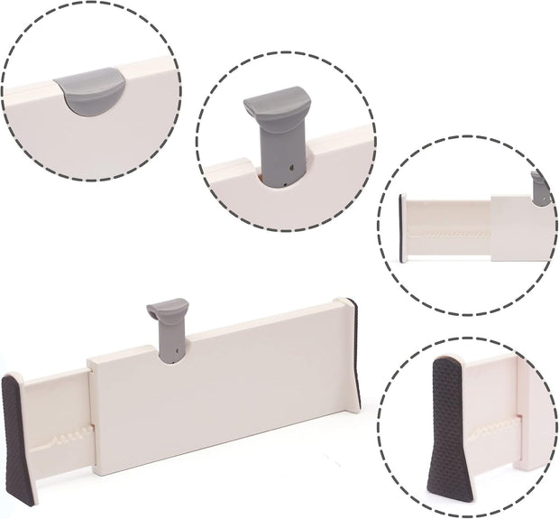 4 Pack Adjustable Dresser Drawer Dividers Organizers, Plastic Expandable Drawer Organization Separators for Kitchen, Bedroom, Closet, Bathroom and Office Drawers