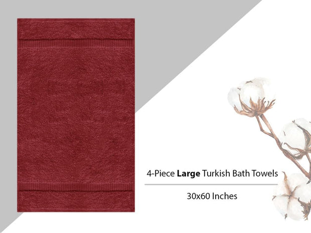 Premium Cotton Super Soft and Absorbent Turkish Towels (4-Piece, 30X60 Inches Extra Large Bath Towels, Cranberry)