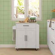 White Wood 30 In. W Kitchen Island Microwave Stand with AC Outlets, USB Ports, Towel Rack and 3-Tier Spice Rack