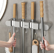 Wall-Mounted Broom Mop Holder – Storage Organizer Rack with 4 Slots & 5 Hooks