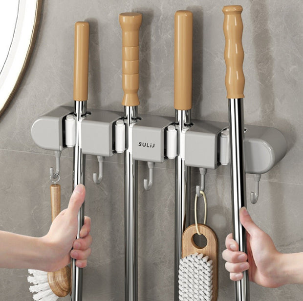 Wall-Mounted Broom Mop Holder – Storage Organizer Rack with 4 Slots & 5 Hooks