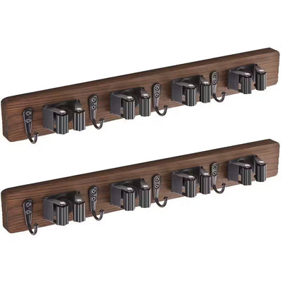 4 Slots and 4 Hooks Mop Broom Holder Wall Mount for Closet Garage Laundry Room, Brown (2-Pack)