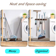 4 Slots and 4 Hooks Mop Broom Holder Wall Mount for Closet Garage Laundry Room, Brown (2-Pack)
